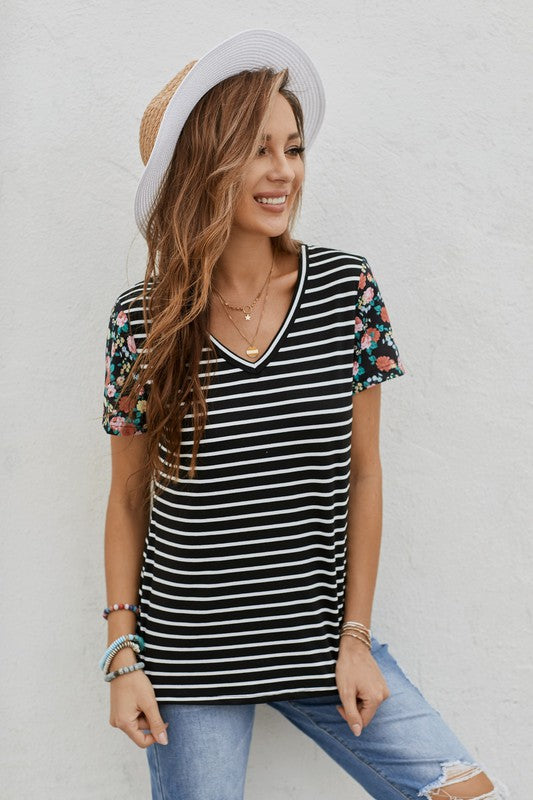 Striped Floral V-Neck