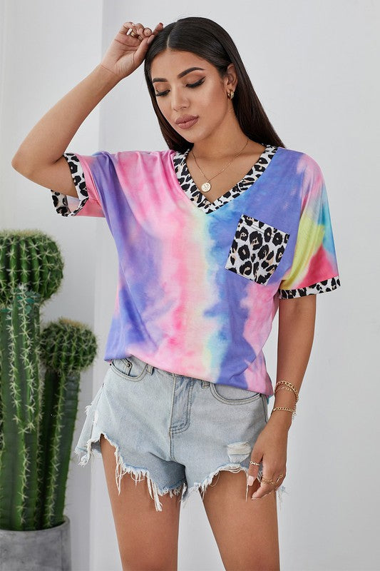 Rainbow Leopard Tie Dye V-Neck