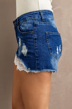 Load image into Gallery viewer, Summer Lovin Destressed Denim Shorts With Lace Detail
